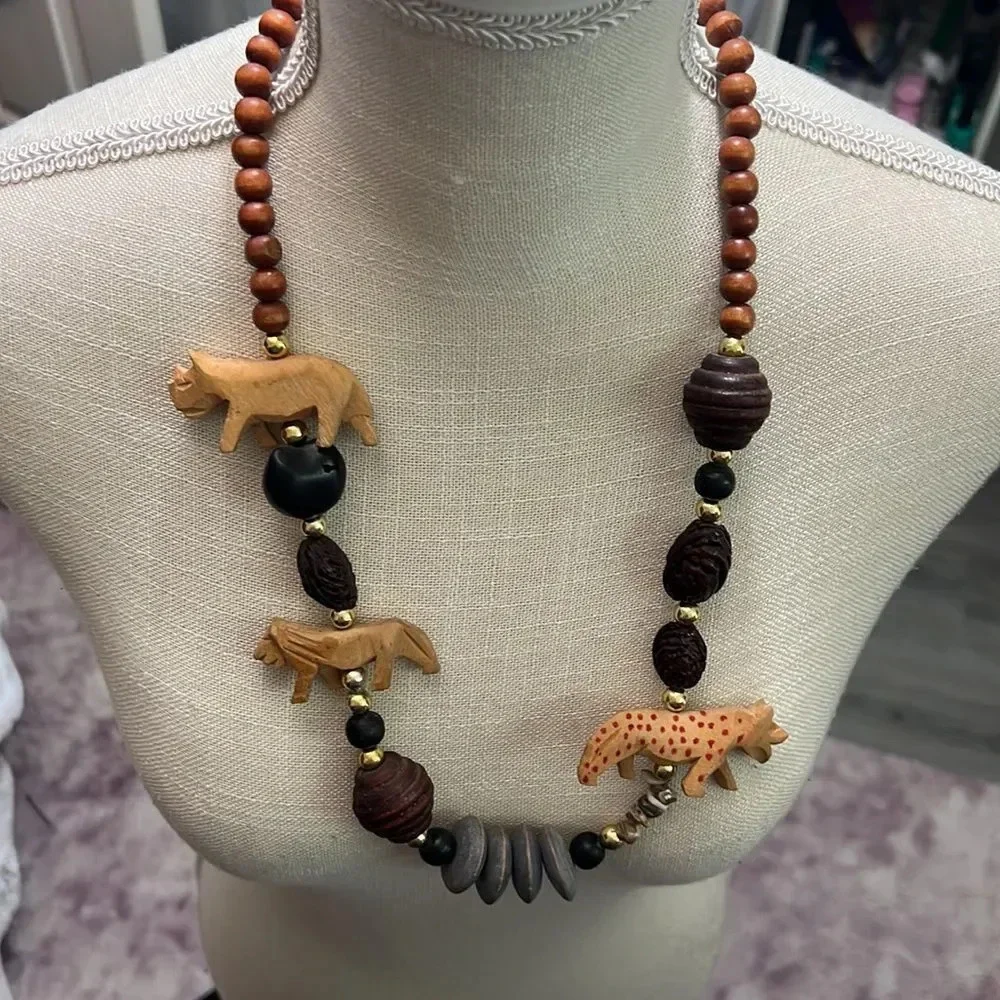 Vintage purple & Beige Beaded & Tribal Animal Statement Necklace